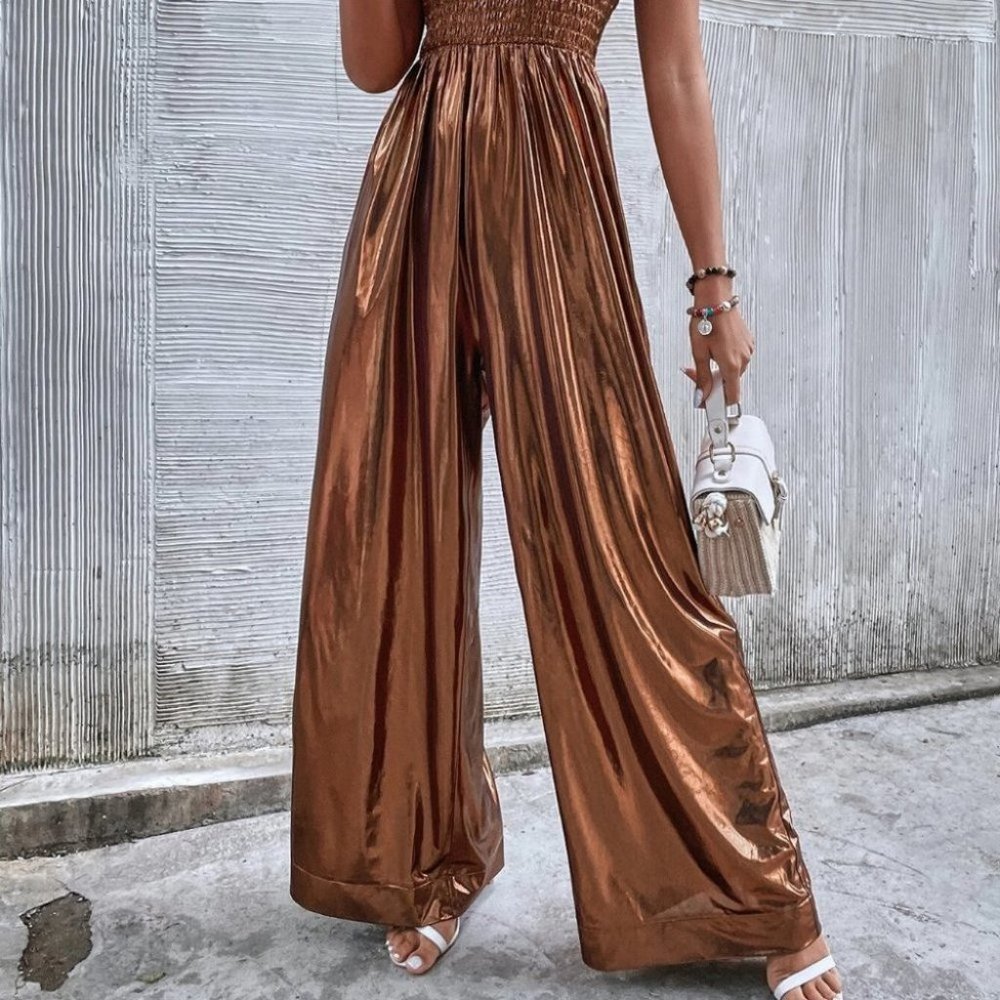 METALLIC BRONZE SHIRRED TUBE POCKETED JUMPSUIT TRENDING FALL ELEGANT PARTY - Picture 4 of 6
